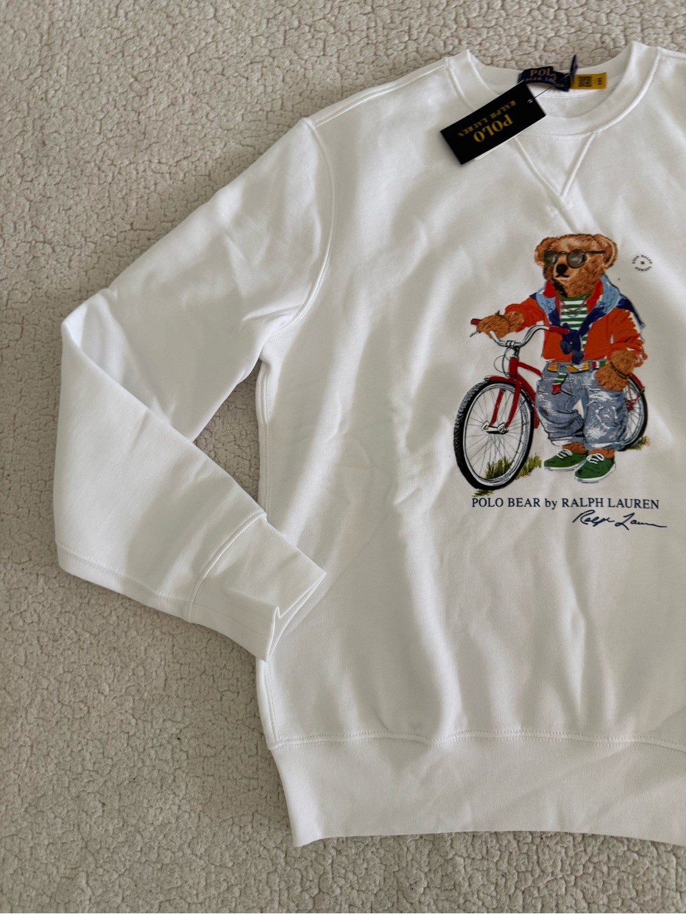 New men’s Polo Ralph Lauren Sz M White Crewneck with Polo Bear Bicycle - Picture 7 of 7